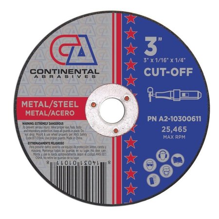 CONTINENTAL ABRASIVES 3" x 1/16" x 1/4" Signature T1 Small Diameter Cut-Off Wheel A2-10300611